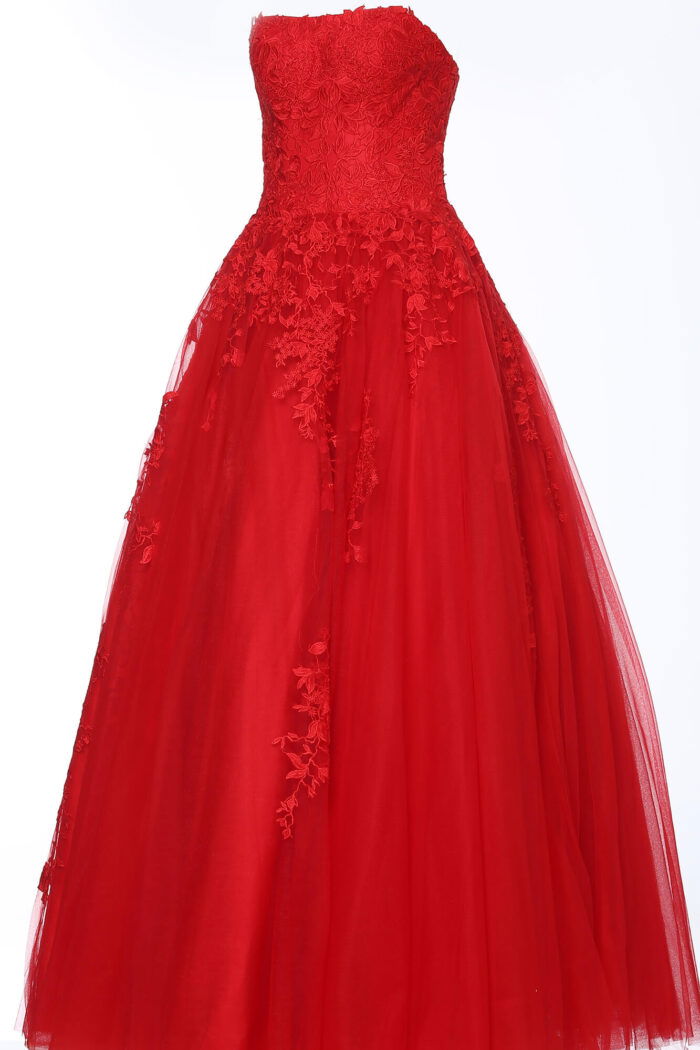 Jovani 1831 ball gown in red, front view with floral details