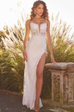 Model wearing Jovani 22343 ivory gown with illusion neckline and floral details.