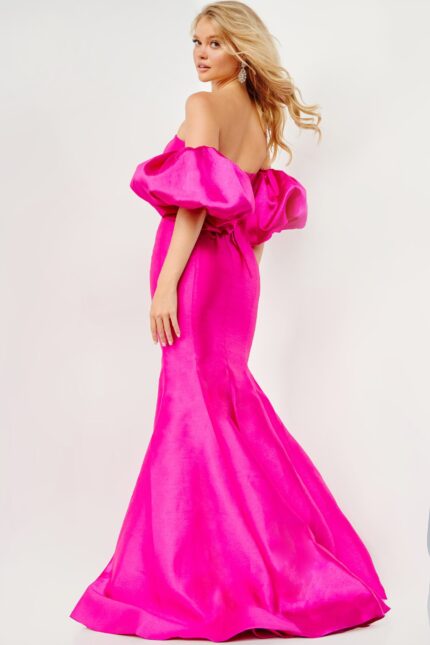 Rear view of Jovani 22830 fuchsia gown with lace-up details.