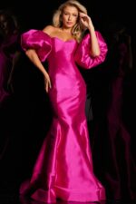 Model wearing Jovani 22830 fuchsia gown with off-the-shoulder puff sleeves.