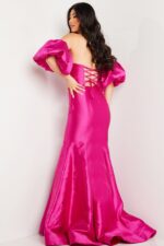 Back view of Jovani 22830 fuchsia gown showing lace-up design.