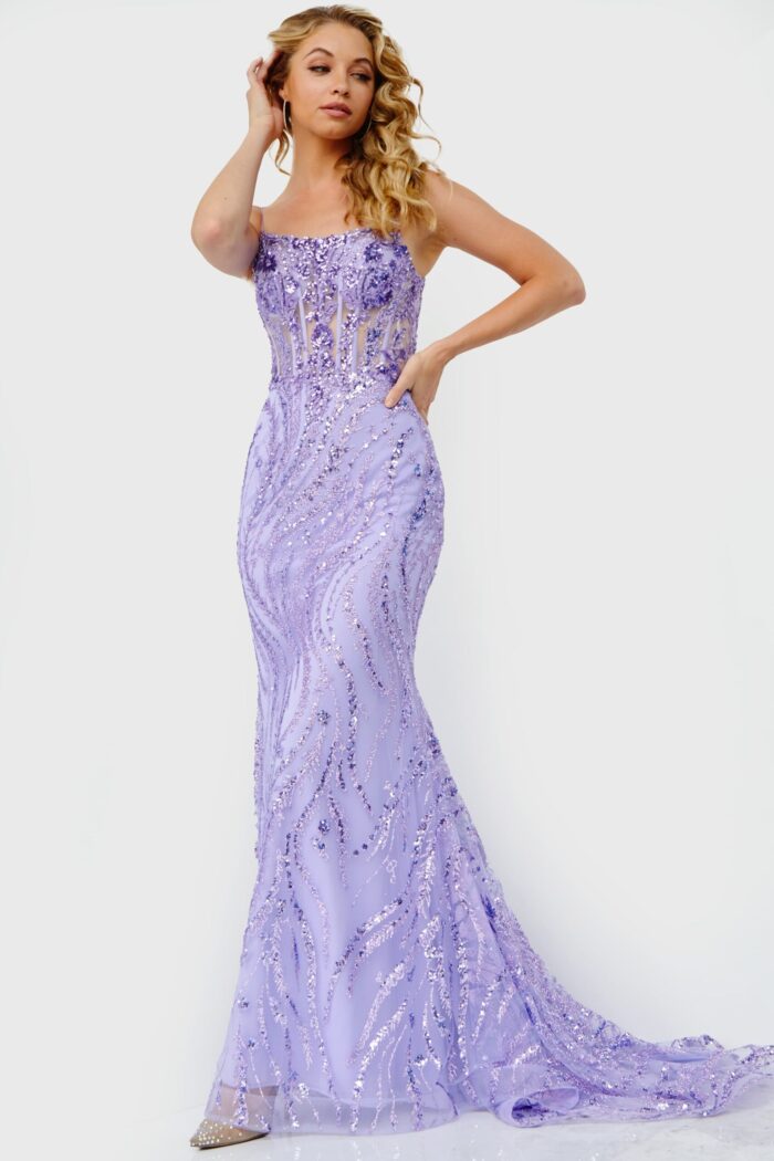 Model in Jovani 23250 lilac gown with sequin embellishments.