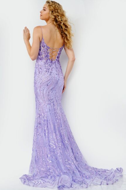 Back view of Jovani 23250 lilac gown with lace-up closure and train.