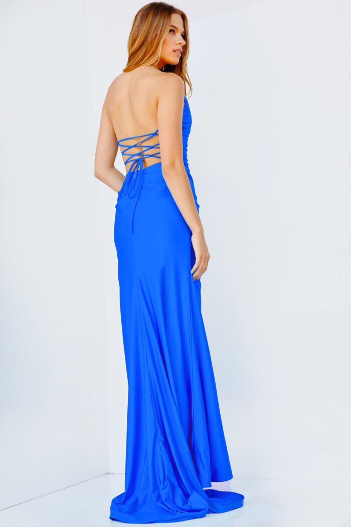 model wearing Jovani 23261 blue gown showing the lace-up back design