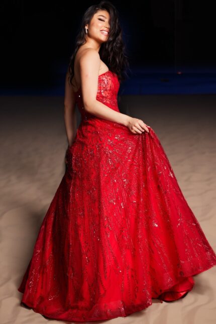 Back view of model wearing Jovani 26109 ballgown.