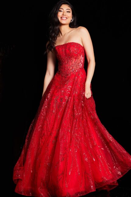 Model wearing Jovani 26109 stunning ballgown with strapless neckline.
