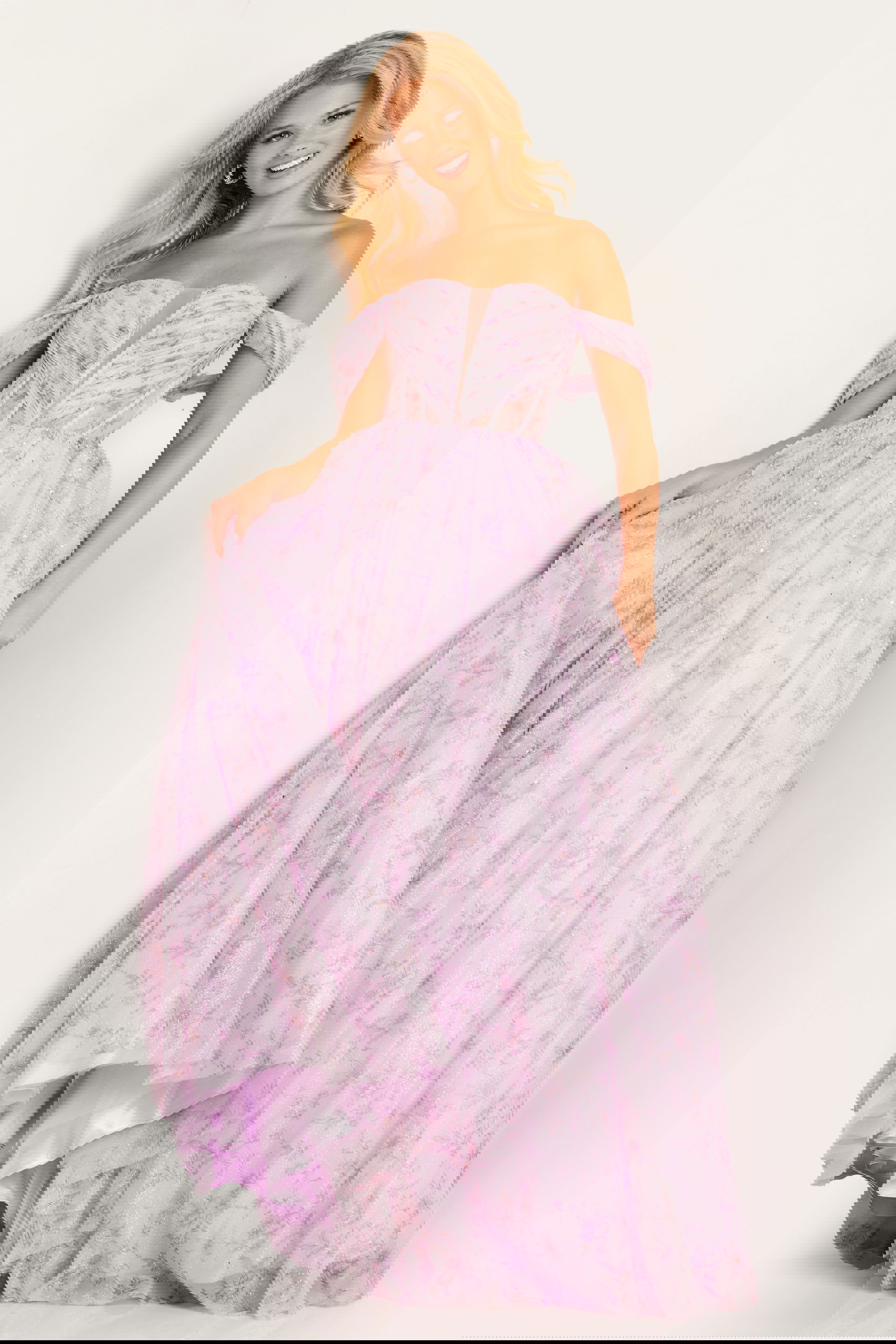 JVN36581a-jpg.jpg Model wearing Ruched Off the Shoulder Pink Ballgown 36581