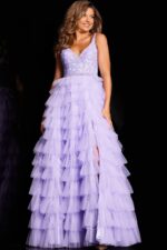 Front view of Jovani 37001 lilac dress, showcasing high slit and elegant silhouette.
