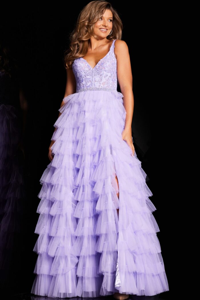 Front view of Jovani 37001 lilac dress, showcasing high slit and elegant silhouette.