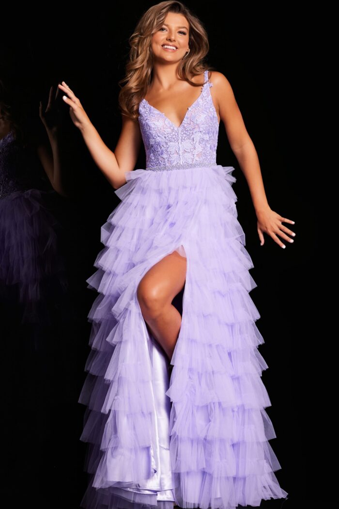 Model wearing Jovani 37001 lilac dress with V-neckline and ruffled skirt, front view.
