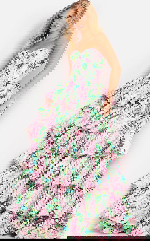 Model wearing Jovani 37058 floral print dress with sweetheart neckline and layered ruffles, front view