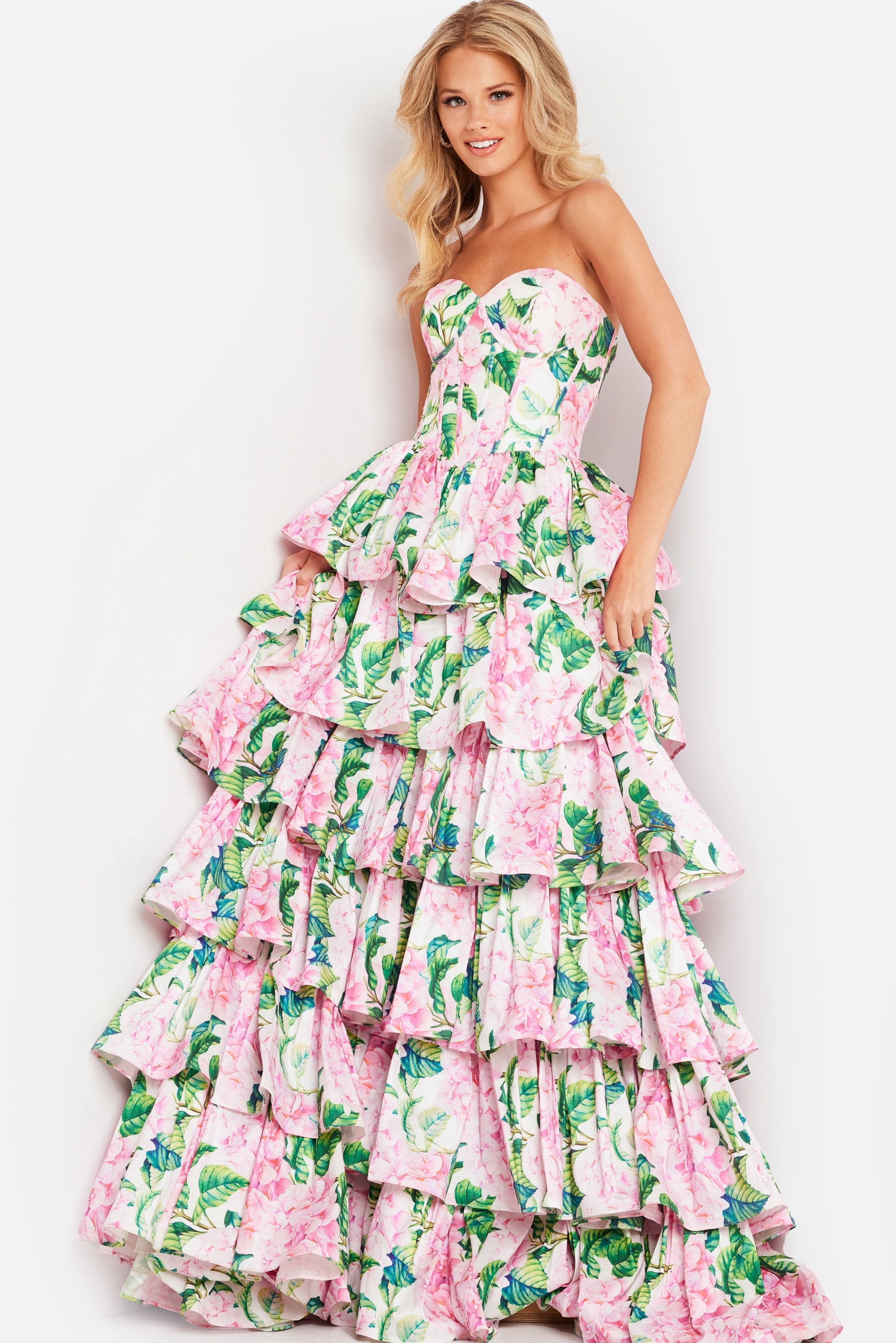 JVN37058_202.jpg Model wearing Jovani 37058 floral print dress with sweetheart neckline and layered ruffles, front view