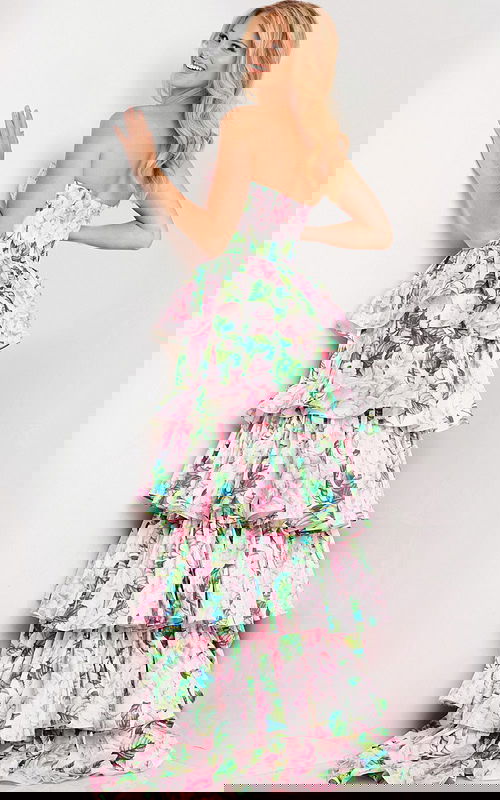 Model in Jovani 37058 dress, back view showing floral ruffle layers