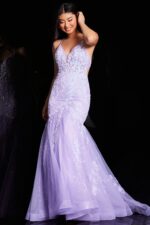 Model wearing Jovani 37487 lilac mermaid gown front view