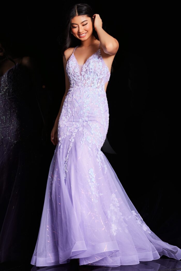 Model wearing Jovani 37487 lilac mermaid gown front view