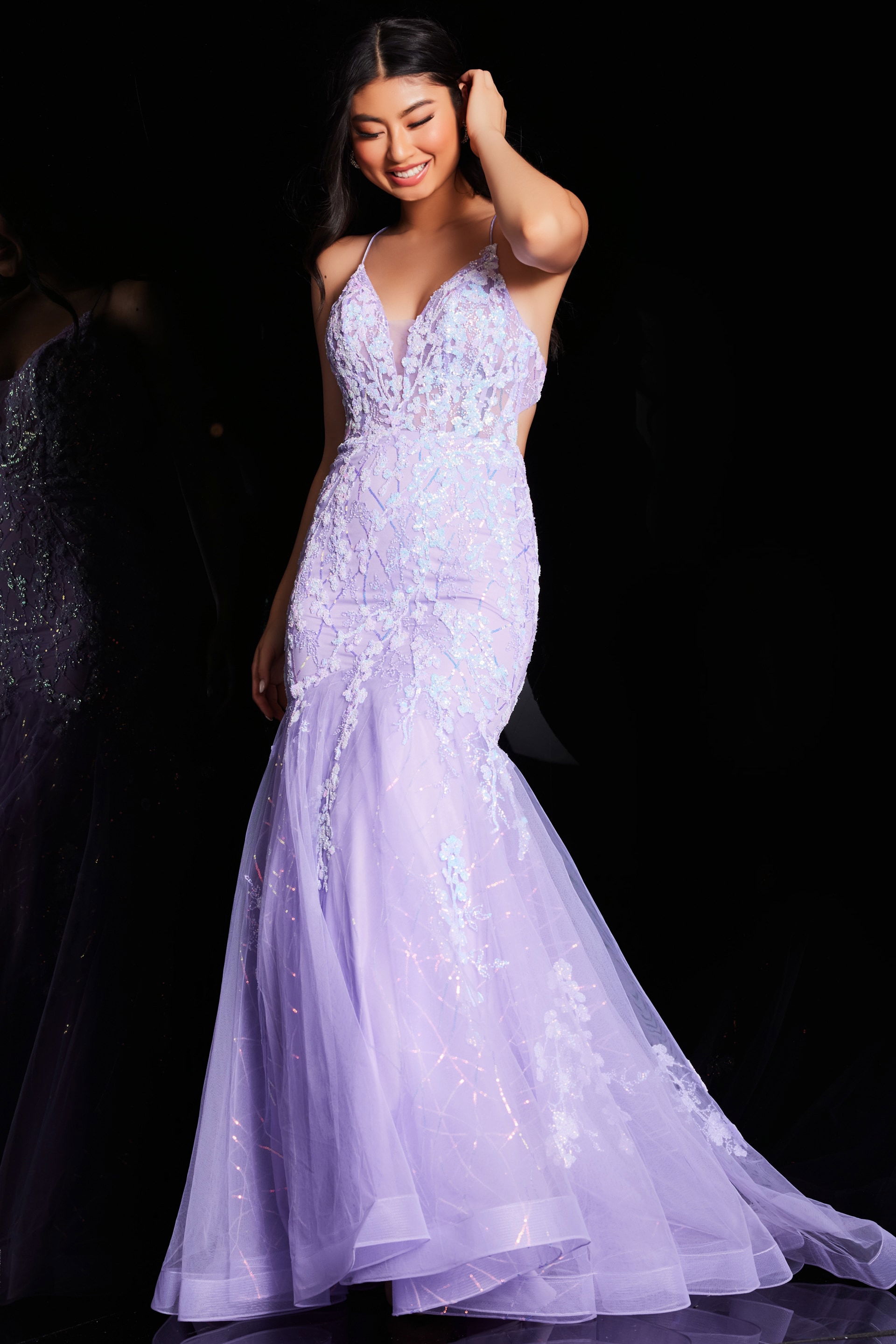 JVN37487_12.jpg Model wearing Jovani 37487 lilac mermaid gown front view