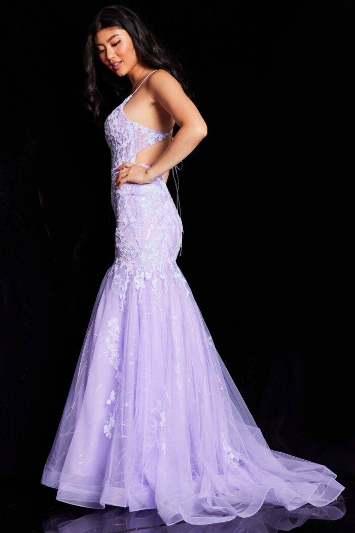 Model wearing Jovani 37487 lilac mermaid gown side view