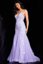 Model wearing Jovani 37487 lilac gown front view with side angle