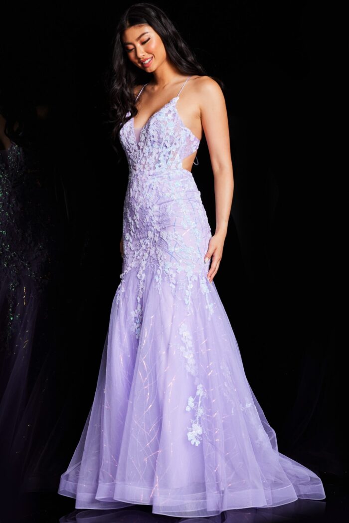 Model wearing Jovani 37487 lilac gown front view with side angle