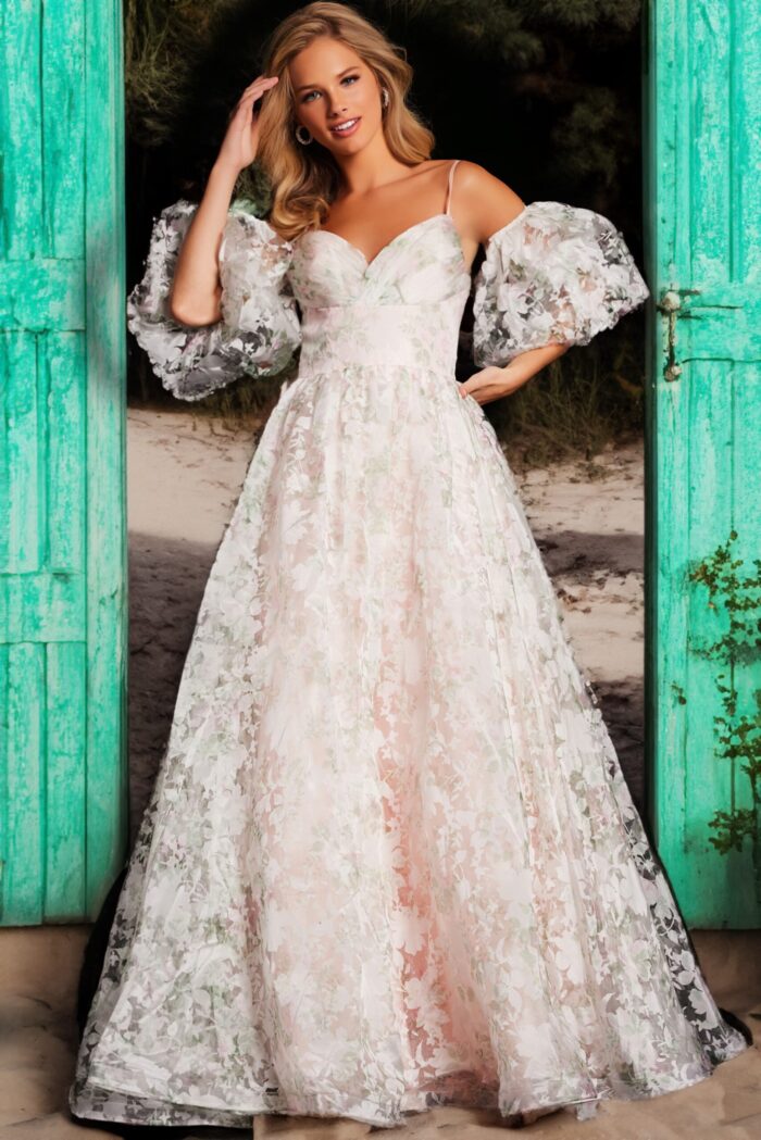 Model in Jovani 37531 pink dress showcasing sweetheart neckline and floral lace.