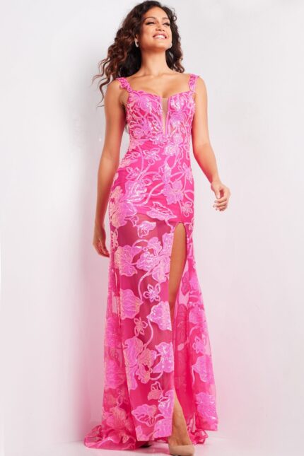 Model wearing Jovani 38462 hot pink gown with floral embroidery and high slit, front view.