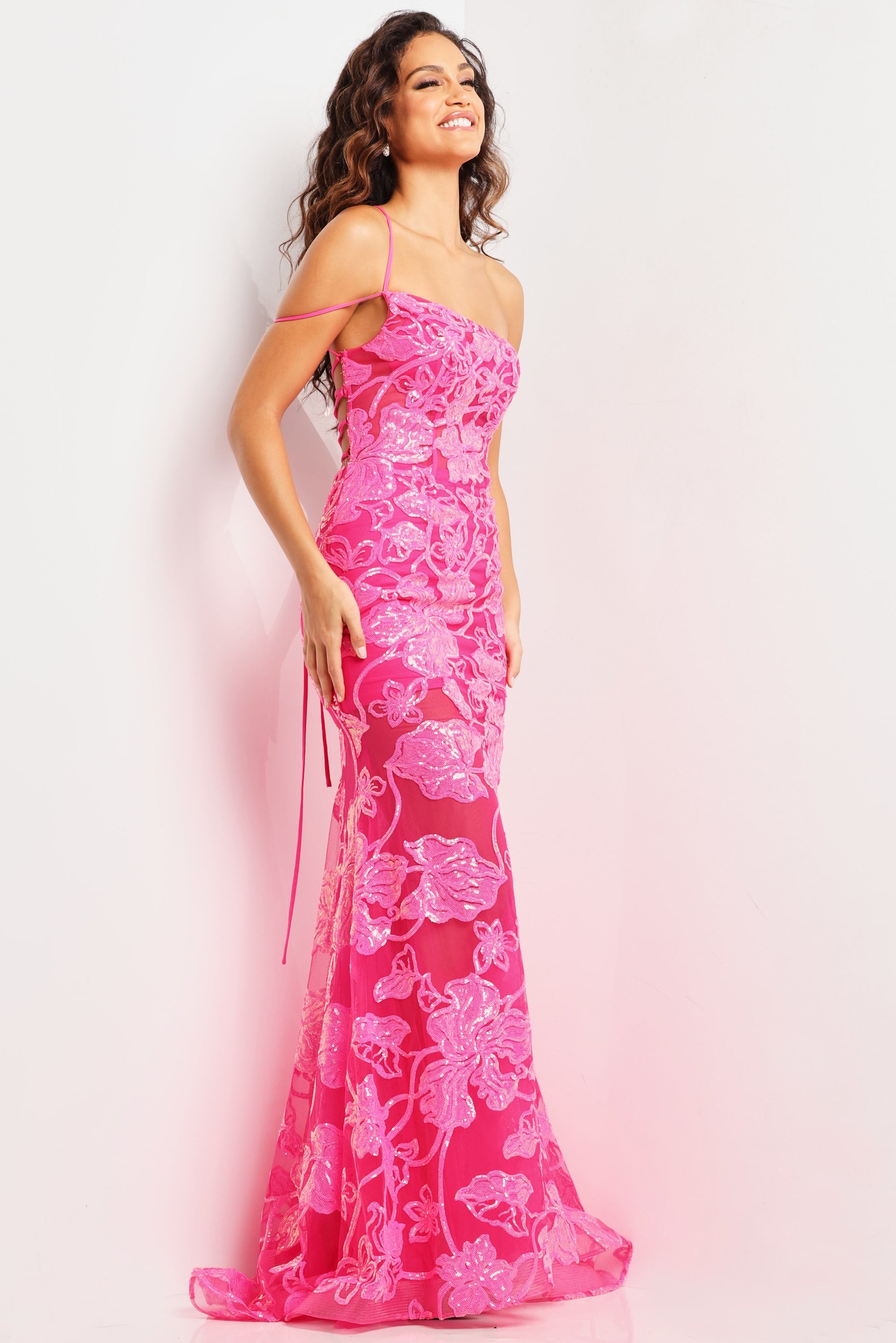 Hot Pink Floral One Shoulder Dress 38463 | Jovani