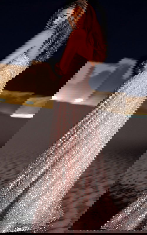 Back view of Jovani 38607 blush gown, showcasing elegant silhouette.