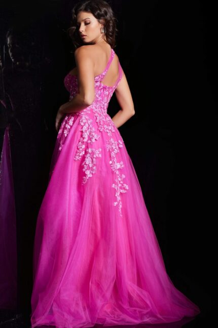 Back view of Jovani 39318 fuchsia dress showcasing the elegant design and floral appliqués.