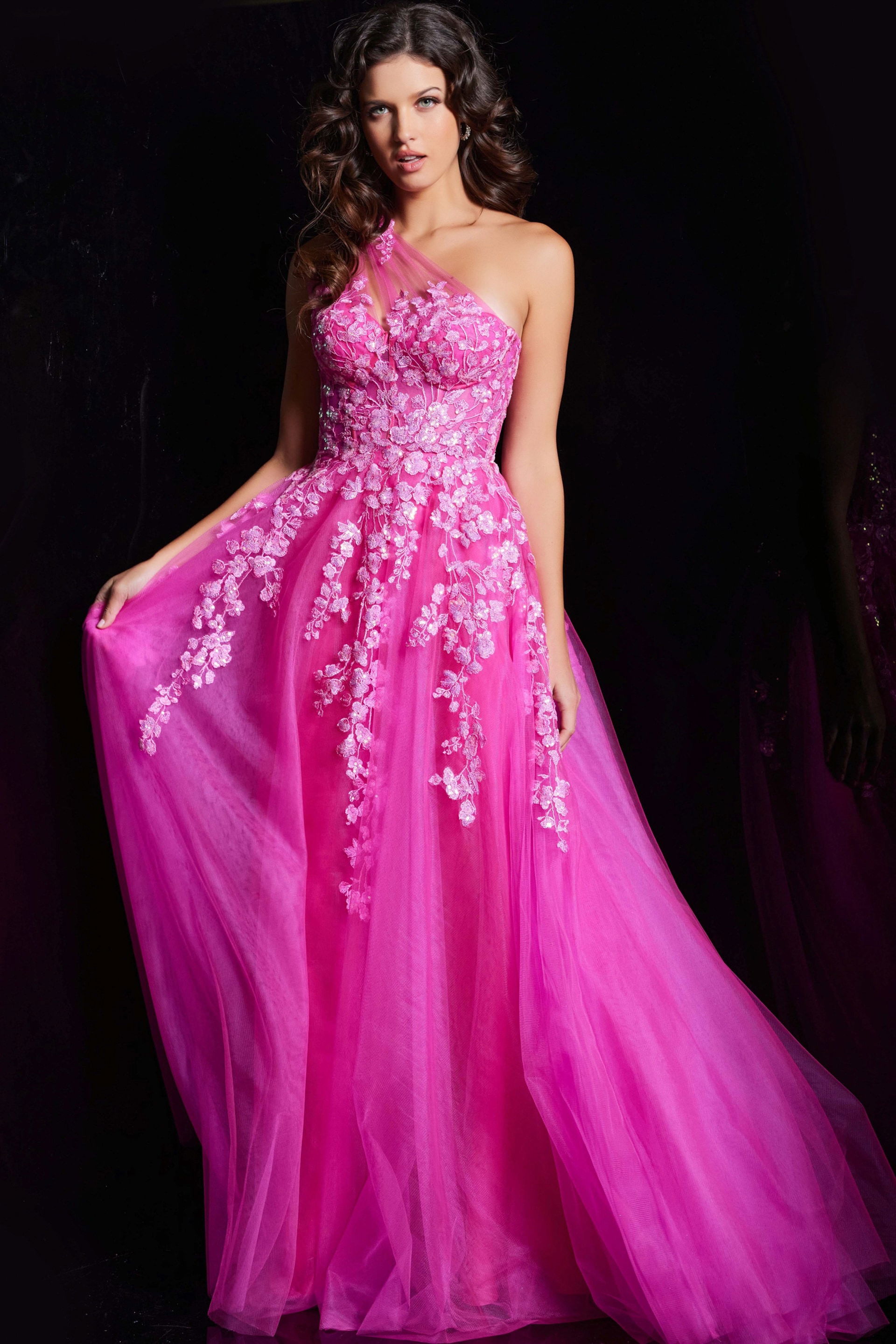 Fuchsia Floral embroidered A Line Gown 39318 | Jovani
