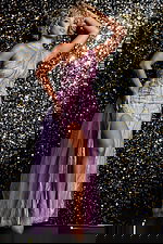 Model wearing Jovani 39385 blush gown, showcasing one-shoulder design and fitted silhouette.