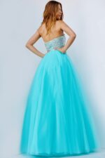 Back view of Jovani 52131, a blue strapless gown with a sparkling bodice and tulle skirt.