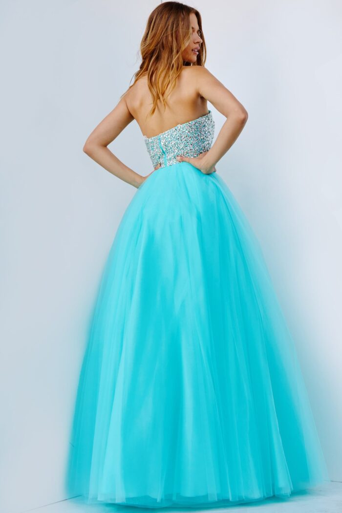 Back view of Jovani 52131, a blue strapless gown with a sparkling bodice and tulle skirt.