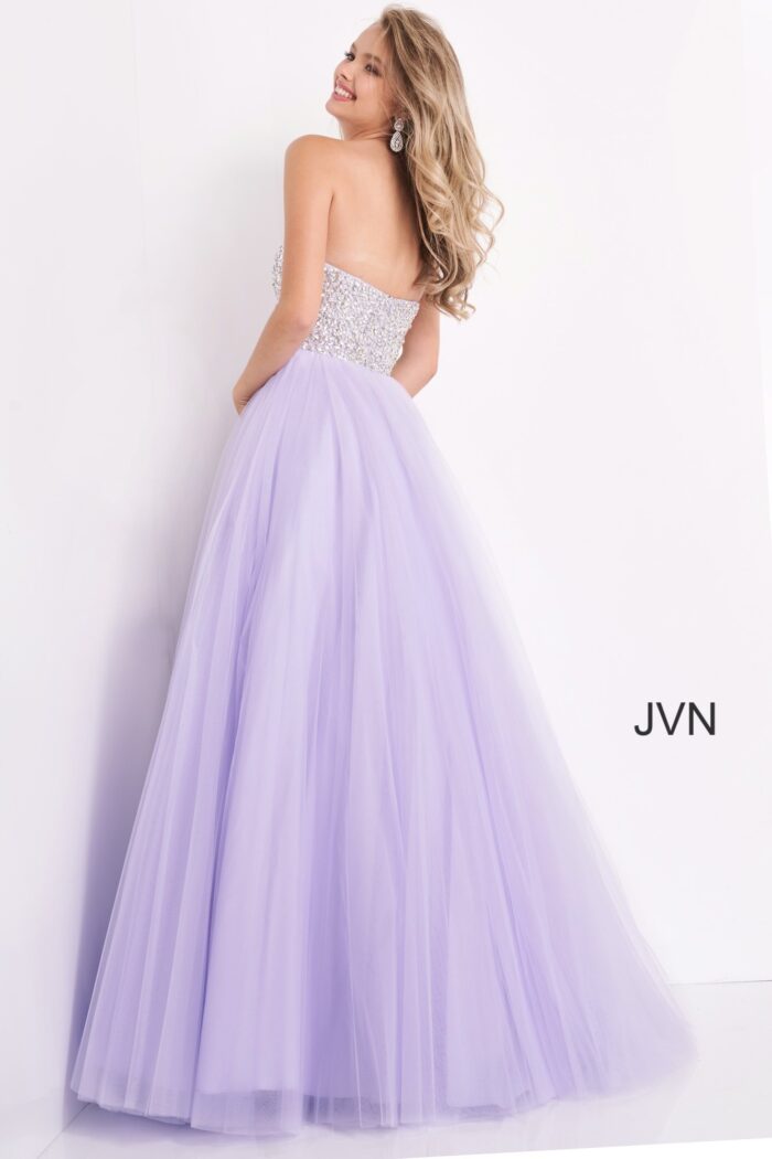 Back view of Jovani 52131, a lilac strapless gown with a sparkling bodice and tulle skirt.