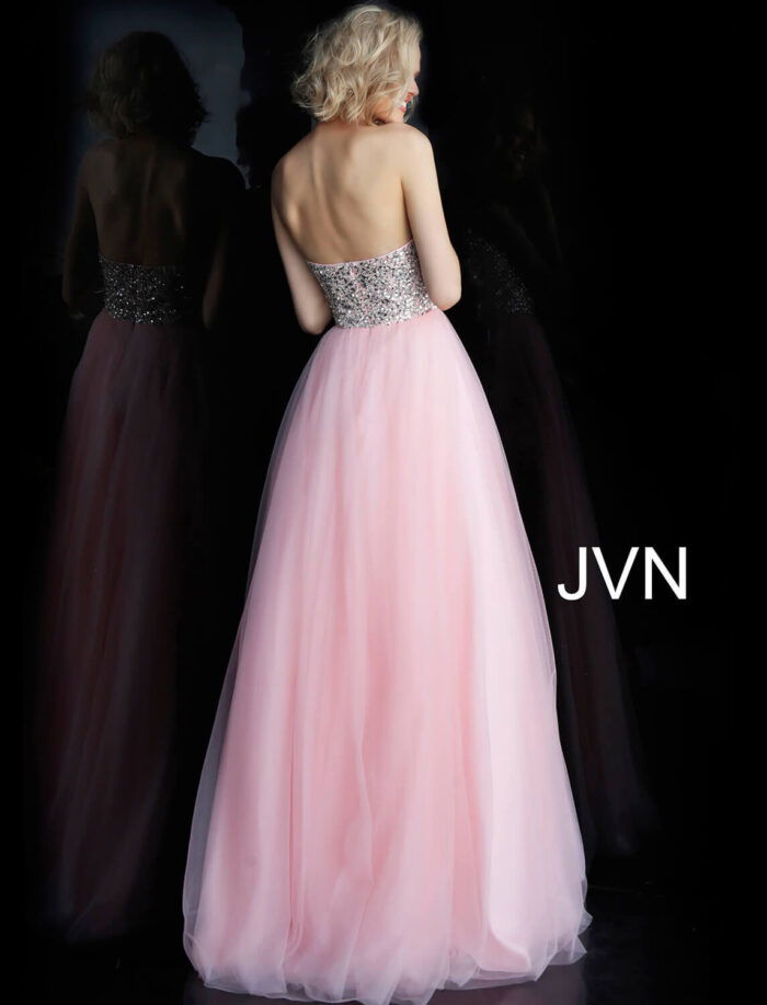 Back view of Jovani 52131, a blush strapless gown with a sparkling bodice and tulle skirt.