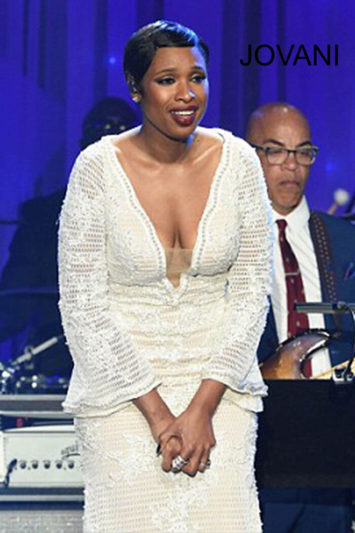 Model wearing Jennifer Hudson Wears Jovani to the 2017 Pre-Grammy Gala Salute to Industry Icons