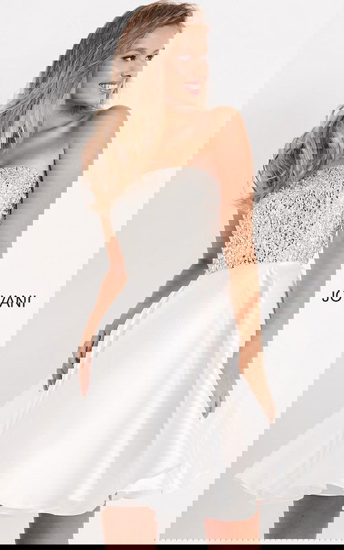 Model wearing K00722 in white with beaded bodice