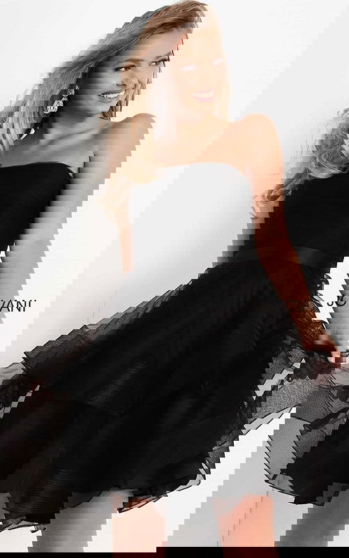 model wearing K03524 Black dress showing front view