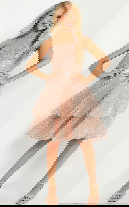 Model wearing K03525 full-length front view in pink sparkling A-line dress.