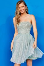 Model wearing Jovani K04445 light Green dress with A-line silhouette, featured from the front.