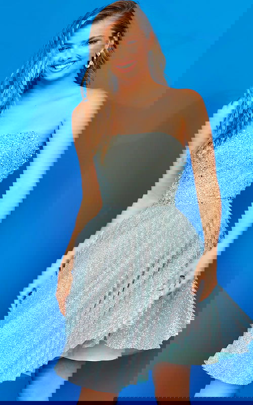 Model wearing Jovani K04445 light Green dress with A-line silhouette, featured from the front.