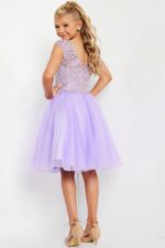 model wearing K04711 showing the front of lilac dress