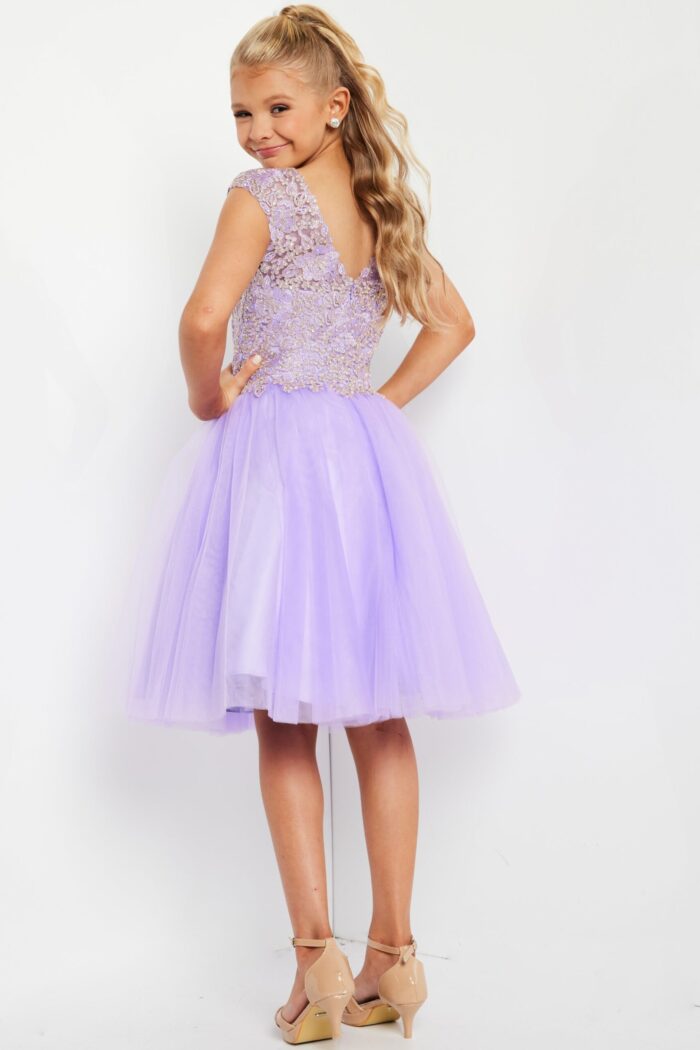 model wearing K04711 showing the front of lilac dress