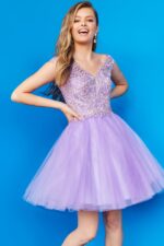 model wearing K04711 front view of lilac dress with V-neckline