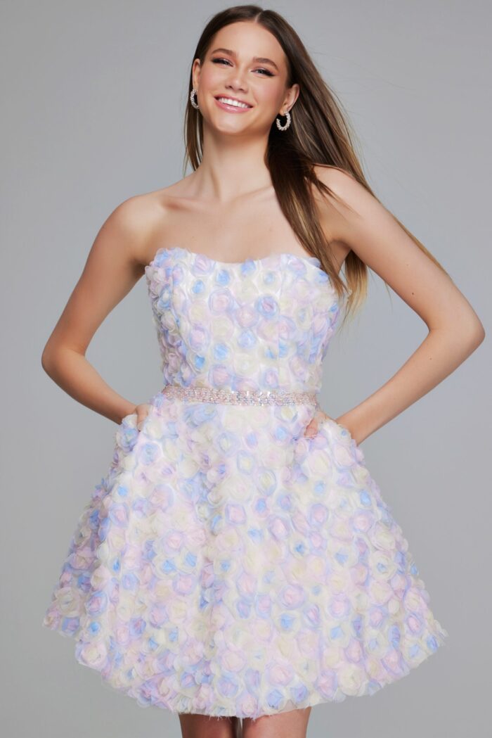 Model in K05940 multi-color dress, showing front with floral texture