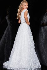 Rear view of Jovani K07245 ivory gown with an elegant A-line silhouette.
