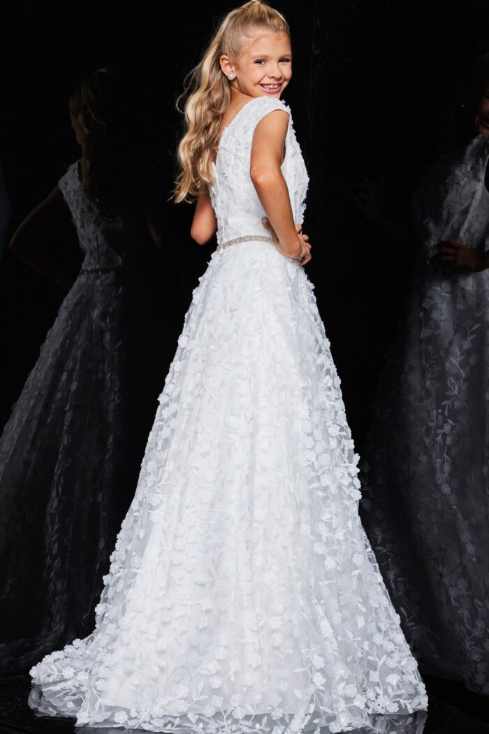 Rear view of Jovani K07245 ivory gown with an elegant A-line silhouette.