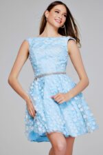 Model flaunting K07246 light blue dress with floral detailing and a sparkle waistband.
