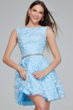Light blue K07246 dress with floral appliqués and beaded waistband, worn by a model.