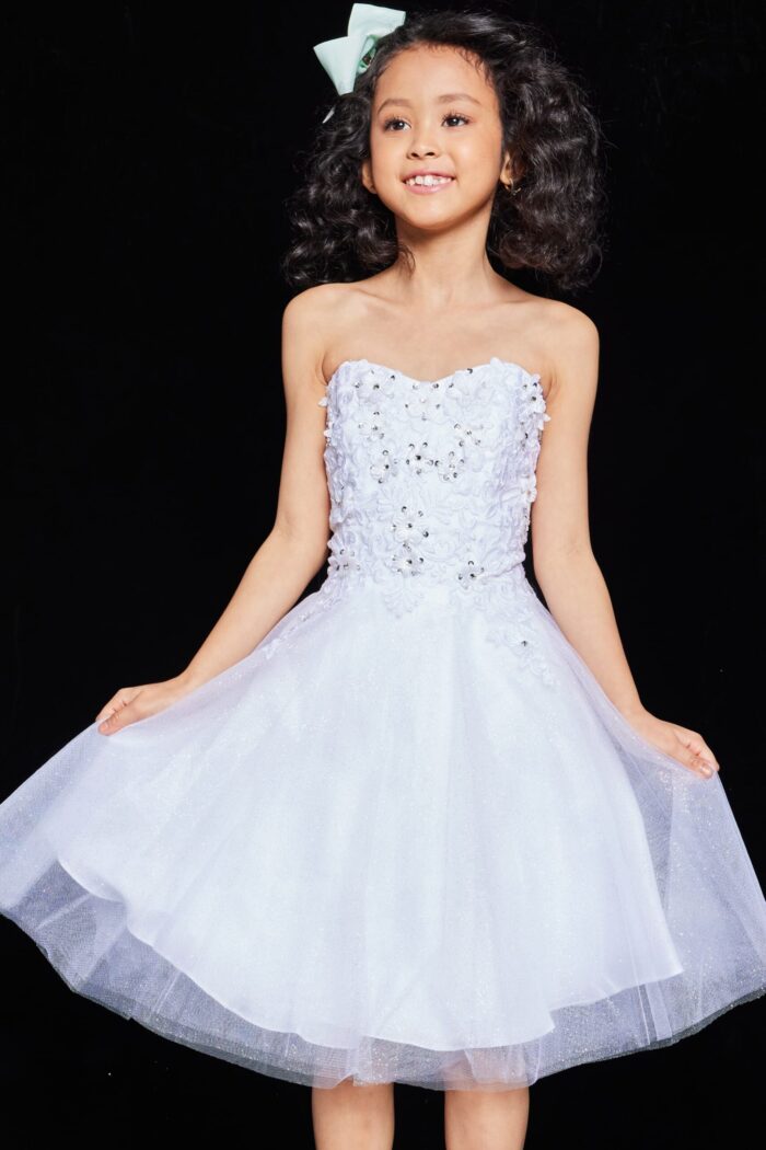 Front view of Jovani K07817 dress in white, worn by child model.