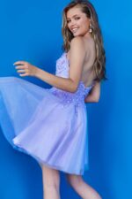 Back view of Jovani K07817 dress in lilac with open back design.